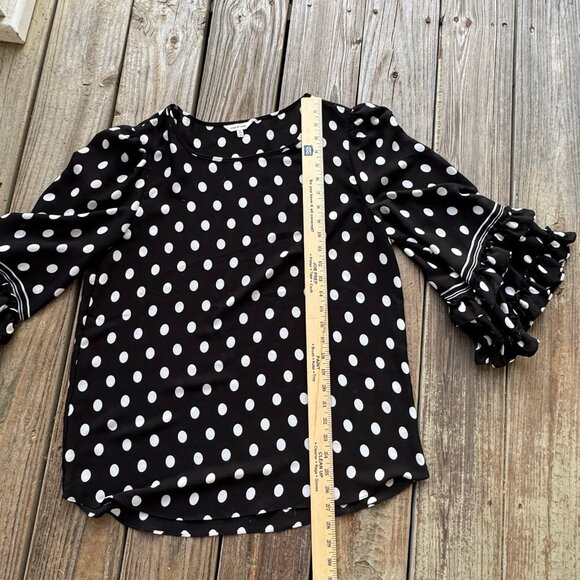 Max Studio Black Blouse White Polka Dots Ruffle 3/4 Sleeves Women Size XL Sheer - Picture 8 of 12